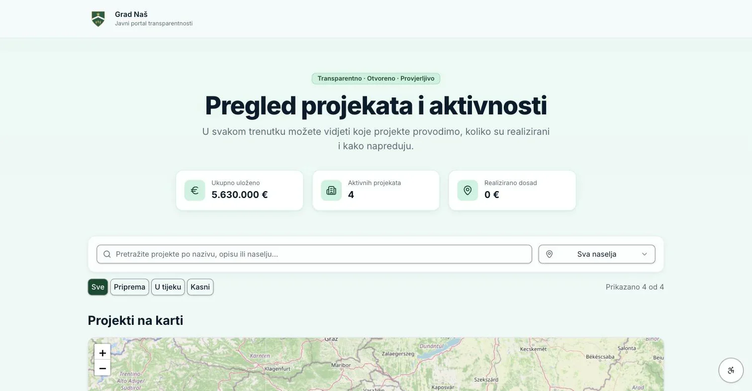 Javni portal transparentnosti s ukupnim iznosima i kartom projekata