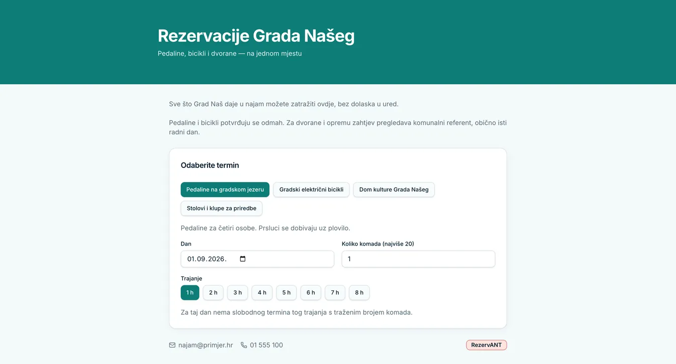 Javna stranica za rezervacije s ponudom resursa i izborom termina